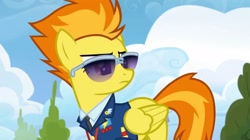 Size: 2160x1211 | Tagged: safe, imported from derpibooru, screencap, spitfire, pegasus, pony, top bolt, bush, clothes, cloud, drill sergeant, female, necktie, solo, suit, sunglasses, turned head, uniform, whistle, whistle necklace, wonderbolts dress uniform