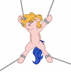 Size: 2023x2046 | Tagged: safe, artist:equestria secret guard, imported from derpibooru, oc, oc only, oc:milia, alicorn, pony, alicorn oc, bondage, chains, featureless crotch, helpless, horn, horn ring, jewelry, magic suppression, open mouth, ring, simple background, solo, spread eagle, struggling, tied up, white background, wings