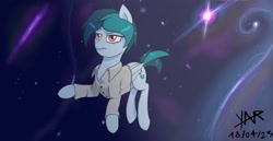 Size: 1920x993 | Tagged: safe, artist:anonixar, imported from derpibooru, oc, oc:delta vee, pegasus, pony, button-up shirt, clothes, complex background, female, galaxy, shirt, solo, space, stars