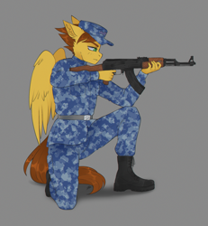 Size: 1900x2056 | Tagged: safe, artist:serodart, imported from derpibooru, oc, oc:desert snake, anthro, pegasus, ak-47, assault rifle, brown hair, camouflage, clothes, green eyes, gun, male, military, military uniform, rifle, sketch, soldier, solo, uniform, uniform hat, weapon