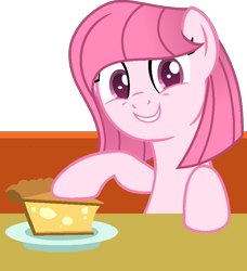 Size: 784x859 | Tagged: safe, artist:ponybaseparadise, artist:tanahgrogot, imported from derpibooru, oc, oc only, oc:annisa trihapsari, earth pony, pony, base used, female, food, grin, gritted teeth, happy, looking at you, mare, pie, simple background, smiling, smiling at you, solo, teeth, transparent background
