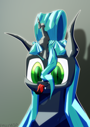 Size: 3508x4961 | Tagged: safe, artist:estellewdp, imported from derpibooru, queen chrysalis, changeling, pony, green eyes, horn, solo, tongue out