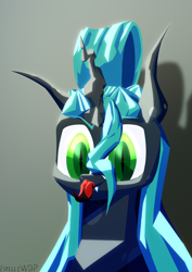 Size: 3508x4961 | Tagged: safe, artist:estellewdp, imported from derpibooru, queen chrysalis, changeling, pony, green eyes, horn, solo, tongue out