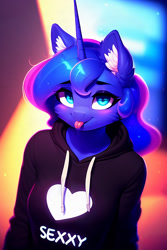 Size: 1024x1536 | Tagged: safe, artist:nightluna, imported from derpibooru, princess luna, anthro, :p, abstract background, ai assisted, ai content, black hoodie, breasts, cheek fluff, clothes, ear fluff, eyebrows, eyelashes, generator:purplesmart.ai, generator:stable diffusion, heart, hoodie, looking at you, smiling, smiling at you, solo, standing, text, tongue out