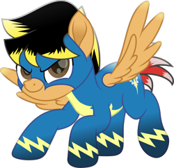 Size: 2266x2190 | Tagged: safe, artist:lincolnbrewsterfan, derpibooru exclusive, editor:nc-tv, imported from derpibooru, vector edit, oc, oc only, oc:14fan, pegasus, derpibooru, my little pony: the movie, .svg available, black mane, clothes, crouching, determination, determined, determined face, determined look, determined smile, gradient hooves, highlights, inkscape, juxtaposition, lightning, looking at you, male, meta, mismatched mane, mismatched tail, movie accurate, pegasus oc, ponysona, red tail, shading, simple background, smiling, smiling at you, spread wings, stallion, svg, tail, transparent background, two toned mane, two toned tail, uniform, vector, wings, wonderbolts, wonderbolts uniform, yellow mane