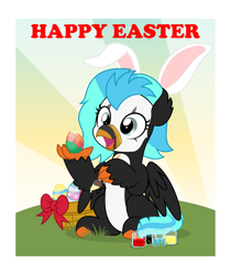 Size: 4209x5000 | Tagged: safe, artist:jhayarr23, imported from derpibooru, oc, oc only, oc:icebeak, classical hippogriff, hippogriff, basket, bow, bunny ears, commission, cute, easter, easter egg, grass, holiday, ocbetes, paintbrush, painting, text, ych result