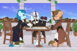 Size: 3000x2000 | Tagged: safe, artist:etoz, imported from derpibooru, oc, oc only, oc:firestorm [kirin], oc:ketten moon, oc:seikasu, bird, kirin, annoyed, balcony, bipedal, chair, clothes, cloud, commission, cup, eyebrows, eyes closed, female, group, happy, horn, horns, kirin oc, male, map, mare, open mouth, plant, raised eyebrow, sitting, sky, smiling, stallion, table, tail, teacup, teapot, trio