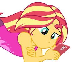 Size: 972x842 | Tagged: safe, imported from derpibooru, sunset shimmer, human, equestria girls, equestria girls series, bare shoulders, cellphone, cute, female, gym, meta, phone, relaxing, simple background, sleeveless, solo, sunset, transparent background, twitter