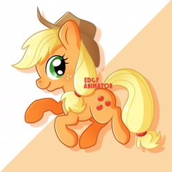 Size: 2700x2700 | Tagged: safe, artist:edgyanimator, derpibooru exclusive, imported from derpibooru, part of a set, applejack, earth pony, pony, applebetes, applejack's hat, blonde, blonde hair, blonde mane, blonde tail, cel shading, chibi, closed mouth, colored, colored lineart, cowboy hat, cute pony, digital art, drop shadow, eyelashes, female, firealpaca, freckles, full body, green eyes, hair tie, happy, hat, looking sideways, looking to the right, mare, orange background, orange coat, orange fur, ponytail, profile, quadrupedal, raised hooves, shading, signature, simple background, simple shading, smiling, solo, tail