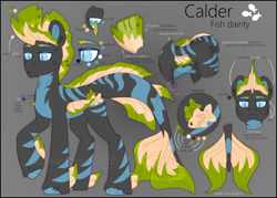 Size: 3500x2500 | Tagged: safe, artist:medkit, imported from derpibooru, oc, oc only, oc:calder (fish dainty), earth pony, fish, hybrid, original species, pony, adam's apple, big eyes, blue eyes, bust, closed mouth, coat markings, colored ears, colored eyebrows, colored eyelashes, colored hooves, colored lineart, crown, cutie mark, dark coat, ear piercing, earring, earth pony oc, eyebrows, eyes open, fin, fin mane, fins, fish tail, food, front view, full body, gills, gradient background, heart shaped, high res, holey mane, hoof fin, jewelry, lateral fin, long tail, male, matcha taiyaki, open mouth, oral cavity, owner:medkit, piercing, portrait, quadrupedal, raised hoof, reference sheet, short mane, signature, silhouette, slit pupils, square earrings, stallion, standing, sternocleidomastoid, stripes, tail, tail fin, taiyaki, teeth, text, three quarter view, tongue out, two toned coat, two toned fin, two toned mane, two toned tail, unshorn fetlocks, wall of tags, watermark