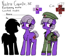 Size: 1166x988 | Tagged: safe, artist:uteuk, imported from derpibooru, oc, oc only, oc:natrix capefiv, earth pony, bag, barbed wire, beret, clothes, earth pony oc, female, hat, mare, medic, medical saddlebag, military, military uniform, nurse, red cross, simple background, solo, uniform, white background