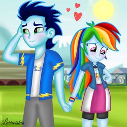 Size: 1400x1400 | Tagged: safe, artist:mlplary6, imported from derpibooru, rainbow dash, soarin', human, equestria girls, blushing, female, heart, holding hands, love, male, romantic, shipping, smiling, soarindash, straight, sun