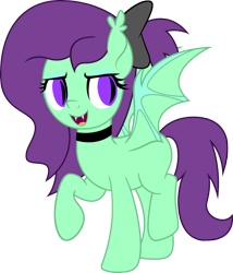 Size: 2100x2448 | Tagged: safe, artist:surprisepi, imported from derpibooru, oc, oc only, oc:greenfeather, bat pony, bow, choker, female, hair bow, mare, simple background, solo, transparent background