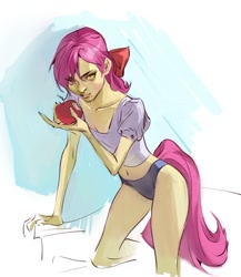 Size: 648x745 | Tagged: safe, artist:kirrrika, imported from derpibooru, apple bloom, human, apple, clothes, eating, female, food, humanized, panties, pony coloring, shirt, solo, tail, tailed humanization, underwear