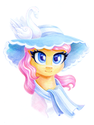 Size: 904x1194 | Tagged: safe, artist:maytee, imported from derpibooru, swan song, earth pony, pony, clothes, colored pencil drawing, commission, hat, not fluttershy, simple background, solo, traditional art, white background