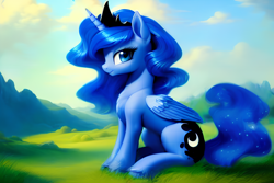Size: 1920x1280 | Tagged: safe, derpibooru exclusive, editor:dovakkins, imported from derpibooru, princess luna, alicorn, pony, :t, ai content, ai generated, concave belly, cute, ethereal mane, female, generator:stable diffusion, grass, grass field, jewelry, looking at you, lunabetes, missing accessory, regalia, scenery, sitting, smiling, smiling at you, solo, tail, unshorn fetlocks, wavy mane, wavy tail, wings