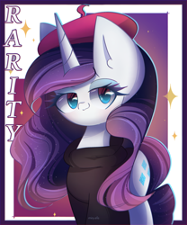 Size: 2000x2400 | Tagged: safe, artist:miryelis, imported from derpibooru, rarity, pony, unicorn, big ears, clothes, hat, horn, impossibly large ears, long hair, looking back, makeup, simple background, smiling, solo, sparkles, text
