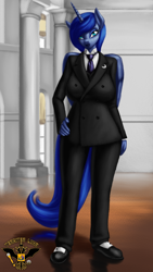 Size: 4320x7680 | Tagged: safe, artist:tsaritsaluna, imported from derpibooru, princess luna, alicorn, anthro, clothes, column, female, looking at you, mare, necktie, pillar, solo, suit