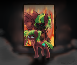 Size: 4500x3825 | Tagged: safe, artist:ashel_aras, imported from derpibooru, oc, oc only, oc:melon heart, pegasus, pony, fallout equestria, dark background, dark side, fire, fog, looking back, painting, raider, solo