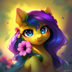 Size: 2048x2048 | Tagged: safe, imported from derpibooru, oc, oc only, unnamed oc, earth pony, pony, ai content, ai generated, beautiful, bust, female, flower, flower in hair, generator:purplesmart.ai, generator:stable diffusion, looking at you, mare, multicolored mane, raised hoof, solo