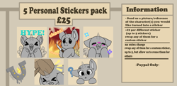 Size: 7237x3500 | Tagged: safe, artist:rokosmith26, imported from derpibooru, oc, pony, advertisement, advertisement in description, advertising, commission, commission info, confused, excited, fire, floppy ears, hammer, happy, knife, open mouth, sticker, sticker pack, text, watermark, your character here