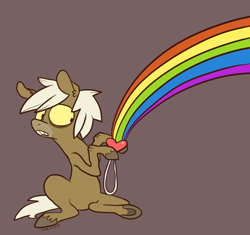 Size: 844x795 | Tagged: safe, artist:comickit, imported from derpibooru, oc, oc only, oc:forty winks, earth pony, pony, brown background, rainbow, simple background, solo