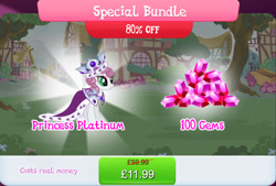 Size: 1270x860 | Tagged: safe, imported from derpibooru, princess platinum, pony, unicorn, bundle, costs real money, crown, english, female, gameloft, gem, horn, jewelry, mantle, mare, mobile game, my little pony: magic princess, numbers, official, regalia, sale, solo, text