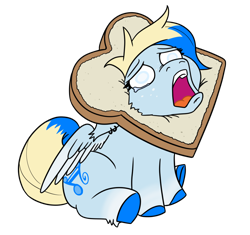 Size: 1070x1006 | Tagged: safe, artist:jargon scott, imported from derpibooru, oc, oc only, oc:azure opus, pegasus, pony, blind, bread, commission, crying, ear piercing, female, food, mare, meme, piercing, simple background, sitting, solo, transparent background, two toned mane