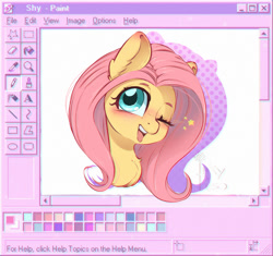 Size: 1000x941 | Tagged: safe, artist:inkypuso, imported from derpibooru, fluttershy, pegasus, pony, blushing, bust, cute, ear blush, female, looking at you, mare, ms paint, one eye closed, open mouth, open smile, out of frame, shyabetes, smiling, smiling at you, solo, tongue out, wink, winking at you