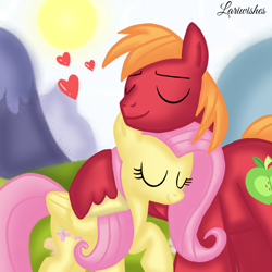 Size: 1400x1400 | Tagged: safe, artist:mlplary6, imported from derpibooru, big macintosh, fluttershy, earth pony, pegasus, pony, eyes closed, female, fluttermac, heart, love, male, mare, mountain, romantic, shipping, snuggling, stallion, straight, sun