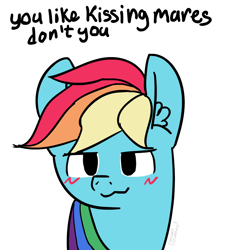 Size: 720x800 | Tagged: safe, artist:vandercat, imported from derpibooru, rainbow dash, pony, :3, blushing, boykisser, female, mare, mauzymice, meme, ponified meme, solo, text