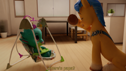 Size: 3840x2160 | Tagged: safe, artist:northern haste, imported from derpibooru, hitch trailblazer, dragon, earth pony, pony, 3d, 4k, baby, baby dragon, blender, g5, high res, pacifier, papa hitch, peekaboo, sparky sparkeroni