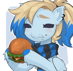 Size: 2582x2500 | Tagged: safe, artist:arasanka, imported from derpibooru, oc, oc only, oc:azure opus, pegasus, pony, blind, burger, clothes, commission, ear piercing, eating, female, food, mare, piercing, ponytail, scarf, solo, striped scarf, two toned mane, ych result