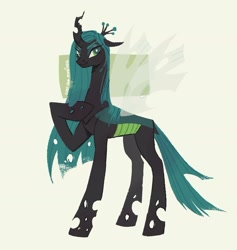 Size: 1784x1879 | Tagged: safe, artist:maggie0li, artist:overthemaginot, imported from derpibooru, queen chrysalis, changeling, changeling queen, concave belly, hoof on chest, long mane, simple background, slim, smiling, smirk, solo, standing, thin, white background
