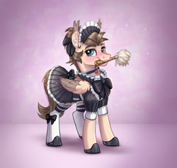 Size: 3146x3000 | Tagged: safe, artist:helmie-art, imported from derpibooru, oc, oc only, oc:dima, pegasus, pony, bow, choker, clothes, dress, duster, female, hair bow, maid, maid headdress, mouth hold, shoes, skirt, socks, solo, stockings, thigh highs