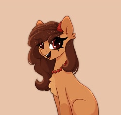 Size: 1950x1860 | Tagged: safe, artist:_alixxie_, imported from derpibooru, oc, oc only, oc:ruby, earth pony, pony, beige background, chest fluff, earth pony oc, female, freckles, heart, heart eyes, jewelry, mare, necklace, orange background, red eyes, simple background, solo, wingding eyes