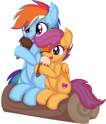 Size: 6785x7947 | Tagged: safe, artist:cyanlightning, imported from derpibooru, rainbow dash, scootaloo, pegasus, pony, .svg available, absurd resolution, duo, eating, female, filly, foal, food, ice cream, log, mare, siblings, simple background, sisters, sitting, tongue out, transparent background, vector, wings
