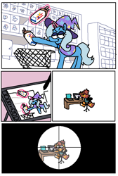 Size: 1842x2742 | Tagged: safe, artist:punkittdev, imported from derpibooru, trixie, oc, pony, unicorn, bread, breaking the fourth wall, cape, chair, clothes, comic, commission, computer, crosshair, desk, drawing tablet, female, food, glowing, glowing horn, gun, hat, horn, laptop computer, magic, mare, murrlogic, rifle, self insert, shopping, shopping cart, simple background, sniper rifle, this will end in death, trixie's cape, trixie's hat, weapon, white background, wonder bread