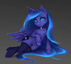 Size: 1920x1727 | Tagged: safe, artist:tadaso, imported from derpibooru, princess luna, alicorn, pony, clothes, collar, cute, female, simple background, socks, solo, stockings, thigh highs