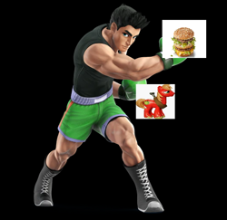 Size: 536x520 | Tagged: safe, imported from derpibooru, big macintosh, little mac, earth pony, human, pony, 1000 hours in ms paint, big mac (burger), black background, burger, food, food pun, hamburger, little mac (punch-out!!), mcdonald's, mcdonald's happy meal toys, nintendo, pun, punch-out!!, simple background, solo, toy, visual pun