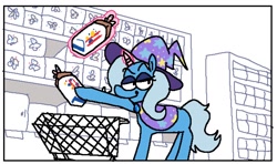 Size: 1842x1092 | Tagged: safe, artist:punkittdev, imported from derpibooru, trixie, pony, unicorn, bread, cape, clothes, commission, female, food, glow, glowing horn, hat, horn, magic, mare, shopping, shopping cart, simple background, solo, trixie's cape, trixie's hat, white background, wonder bread