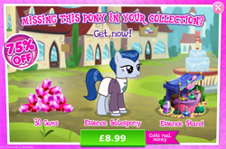 Size: 1956x1293 | Tagged: safe, imported from derpibooru, ever essence, earth pony, pony, the parent map, advertisement, bush, clothes, costs real money, english, female, gameloft, gem, mare, mobile game, my little pony: magic princess, numbers, official, perfume, sale, solo, solo focus, text
