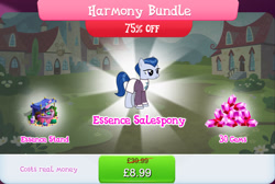 Size: 1270x854 | Tagged: safe, imported from derpibooru, ever essence, earth pony, pony, bundle, bush, clothes, costs real money, english, female, gameloft, gem, mare, mobile game, my little pony: magic princess, numbers, official, perfume, sale, solo, text