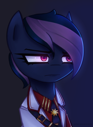 Size: 2116x2893 | Tagged: safe, artist:opal_radiance, imported from derpibooru, oc, oc only, oc:nightshade, pony, equestria at war mod, clothes, eyebrows, female, frown, gradient background, high res, mare, pax solaris, signature, solar empire, solo, uniform