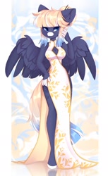 Size: 1250x2048 | Tagged: safe, artist:shooshaa, imported from derpibooru, oc, oc only, oc:kimono silk, anthro, pegasus, unguligrade anthro, anthro oc, boob window, breasts, cleavage, clothes, dress, elegant, eye clipping through hair, freckles, gradient mane, looking at you, pegasus oc, pretty, reflection, side slit, smiling, smiling at you, solo, spread wings, total sideslit, wings