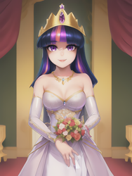 Size: 1020x1360 | Tagged: safe, imported from derpibooru, twilight sparkle, human, ai content, ai generated, beautiful, bouquet, breasts, busty twilight sparkle, carpet, cleavage, clothes, crown, detailed, dress, female, flower, generator:stable diffusion, gloves, humanized, jewelry, looking at you, necklace, prompter:sammykun, regalia, smiling, smiling at you, solo, standing, wedding dress, white dress