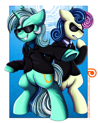 Size: 2550x3209 | Tagged: safe, artist:pridark, imported from derpibooru, bon bon, lyra heartstrings, sweetie drops, earth pony, pony, unicorn, bipedal, clothes, grin, high res, patreon, patreon reward, secret agent sweetie drops, smiling, suit, sunglasses, underhoof