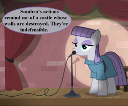 Size: 864x720 | Tagged: safe, edit, edited screencap, imported from derpibooru, screencap, maud pie, earth pony, pony, the maud couple, clothes, cropped, dress, female, g4, implied king sombra, mare, maud the comedian, microphone, pun, solo, speech bubble, spotlight