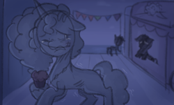 Size: 1159x706 | Tagged: safe, anonymous artist, imported from derpibooru, earth pony, pony, unicorn, series:misty pov, bruised, concave belly, cornrows, crying, dahlia, ears back, emaciated, female, floppy ears, food, g5, hoof hold, looking back, malnourished, mare, misty brightdawn, muffin, overwhelmed, ribs, sad, shaking, skinny, solo focus, thin