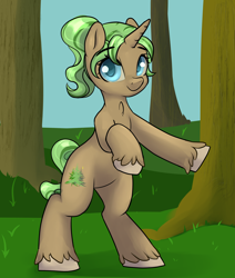 Size: 2200x2600 | Tagged: safe, artist:dumbwoofer, imported from derpibooru, oc, oc:ever shine, pony, unicorn, blue eyes, chest fluff, female, forest background, looking at you, mare, ponytail, rearing, smiling, smiling at you, solo, standing on two hooves, unshorn fetlocks